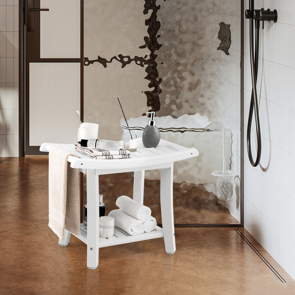 2-tier HDPE Waterproof Shower Bench with Curved Seat-White